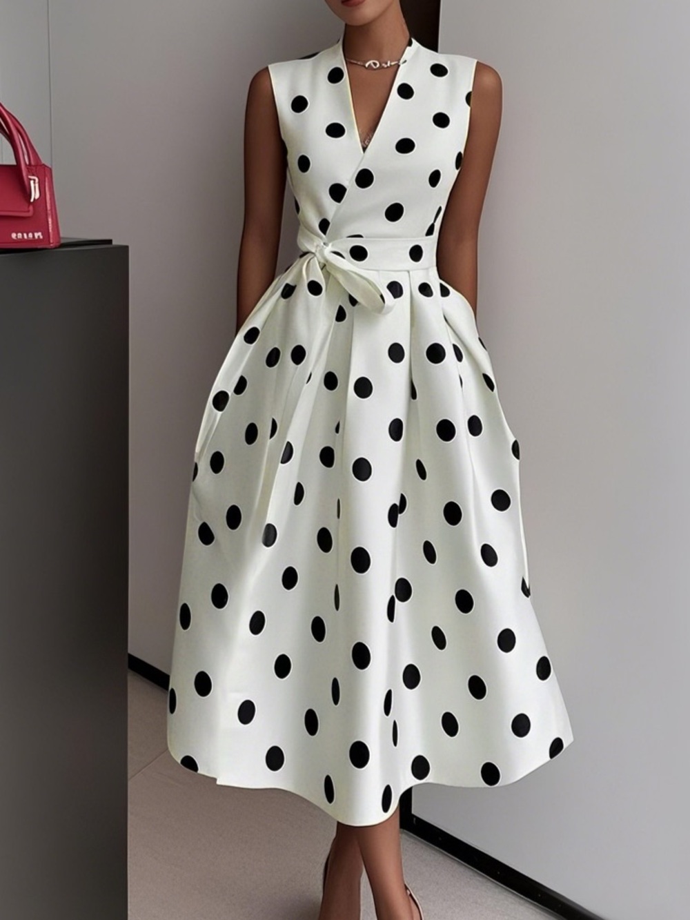 FEHAUTE Polka Dot V-Neck Midi A-Line Dress with Waist Tie